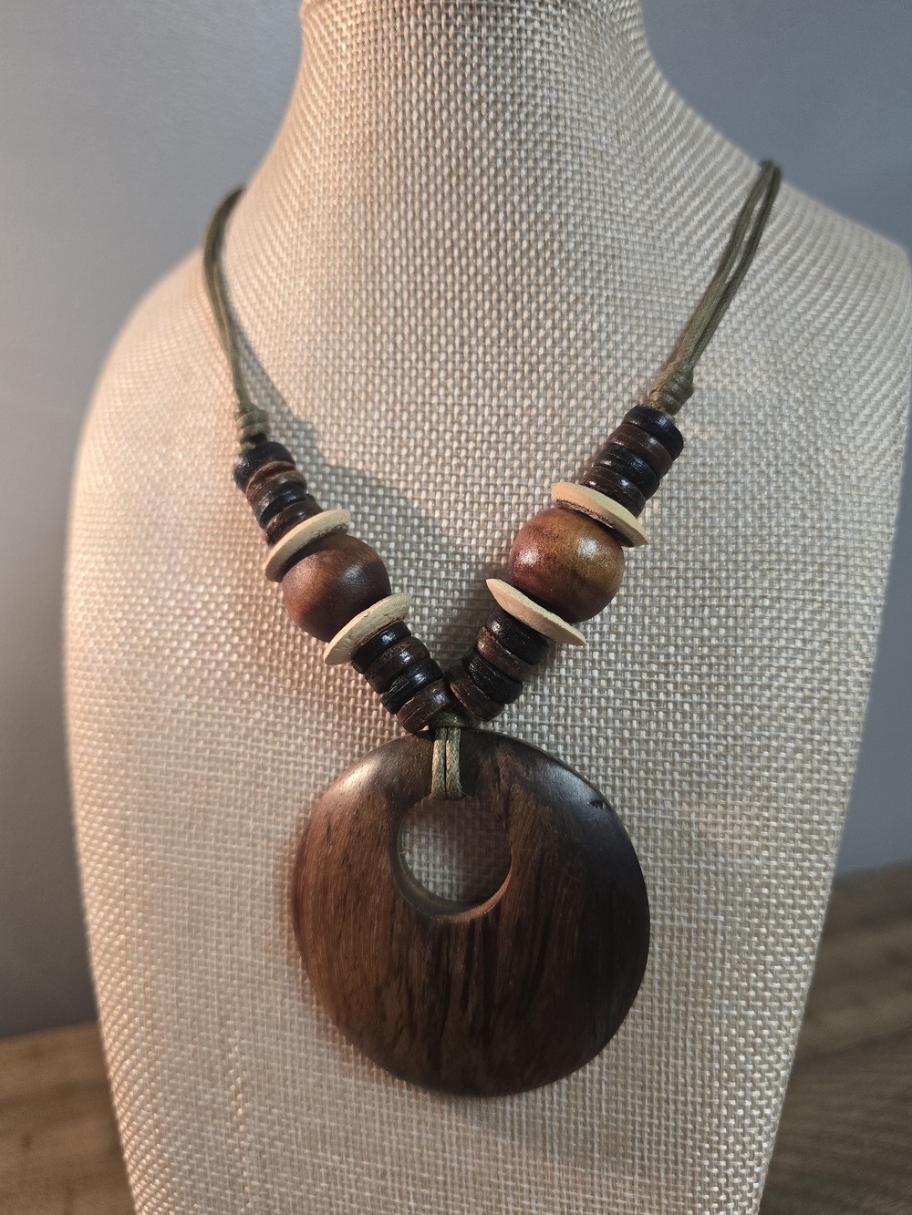 Handcrafted Brown Wood Donut Pendant Necklace - Women Jewelry